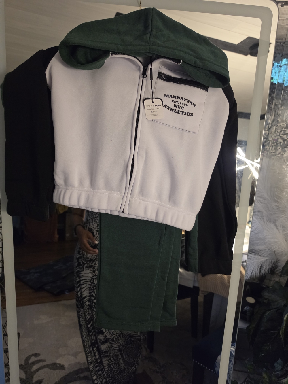 Fashion Nova Kids Green, Black & White Zip Hoodie and Jogger Set